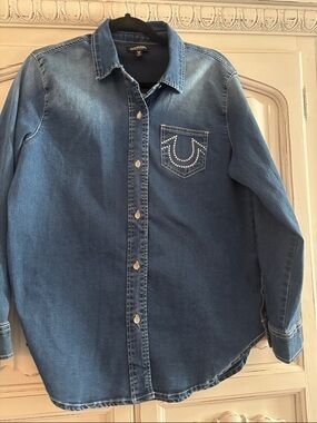 True Religion Denim Button-Up Shirt with Studded Pocket - Blue